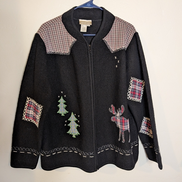Coldwater Creek Sweaters - Wool Cardigan Jacket 2X Christmas Plaid Appliqué Lodgecore Cottagecore Sweater